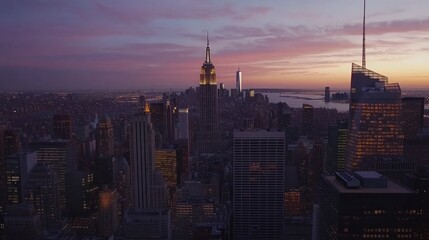 New York City skyline at twilight, showcasing illuminated skyscrapers.