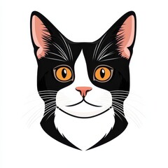 Fototapeta premium Cartoon illustration of a black and white cat with orange eyes and a white patch on its face