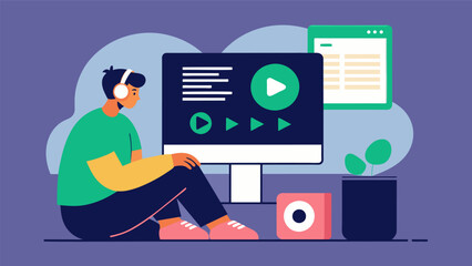 A digital illustration of a person sitting in front of a computer screen meticulously curating a playlist on Spotify to later be transferred onto a Vector illustration