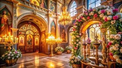 Obraz premium Greek Orthodox Easter Church, Festive Decorations, Candles, Holy Week Celebration