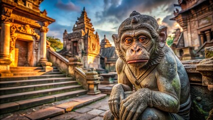 Obraz premium Grimace-Faced Stone Monkey Statue on Ancient Temple Ruins, Architectural Detail, Southeast Asia
