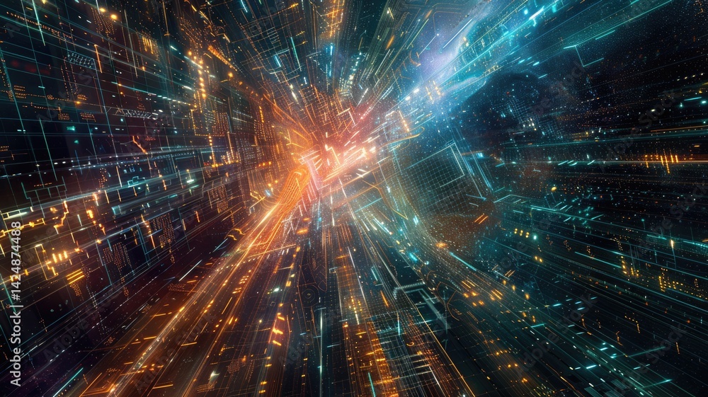 Poster abstract art of digital network with glowing nodes and colorful lights. digital artwork of glowing n