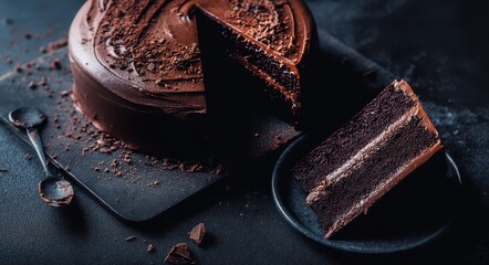 Delicious chocolate cake with a slice on a dark background