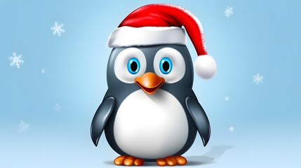Fototapeta premium Cheerful blue penguin donning Santa's hat, adorable animal Christmas portrait