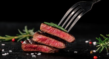 Sliced juicy steak with a fork on a black background, a food photo for banner design