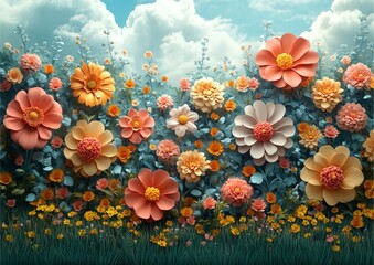 Whimsical Flower Field Stylized Illustration Spring