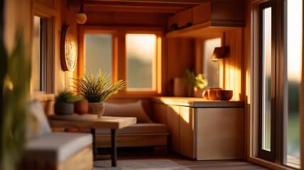 Tiny home with foldable furniture hidden in walls, pulled out mid-action, soft golden light through windows, clever design theme