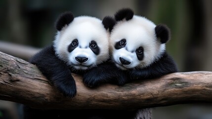 Obraz premium Two adorable panda cubs clinging to a branch