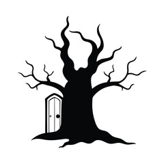 Ancient Tree with Haunted Door in Its Trunk Silhouette