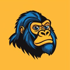 Obraz premium Cartoon gorilla head illustration with blue fur and yellow background