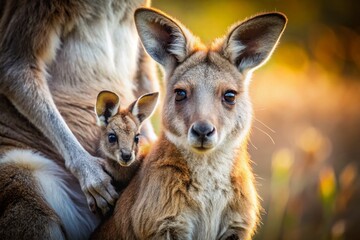 Fototapeta premium Joey Kangaroo in Pouch, Australian Wildlife Documentary Photography