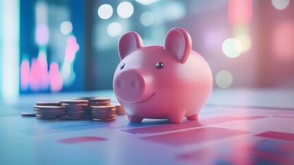 Piggy Bank on Charts:  A cheerful pink piggy bank sits contentedly atop financial charts, with a pile of golden coins at its side, symbolizing a secure and prosperous future. 