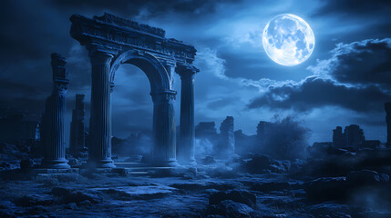Fototapeta premium Ancient ruin under a mystical moonlit night, with stone pillars and an archway evoking mystery and allure. ancient relic. illustration. Moonlit Pillar. Illustration