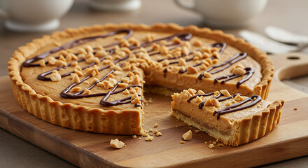 Delicious dessert: A slice of decadent peanut butter tart topped with chocolate drizzle and nuts on a wooden board ready to be enjoyed.