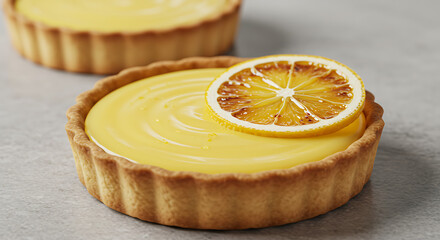 Close up of a Lemon Tart with a lemon slice garnish. The crust is golden. Another tart is blurred in the background.