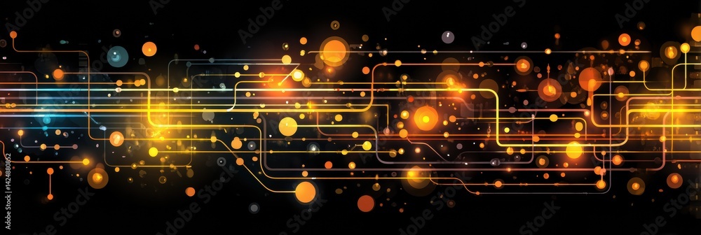 Poster abstract glow of oil pipeline outlines on a black background with vibrant dots illuminating the desi