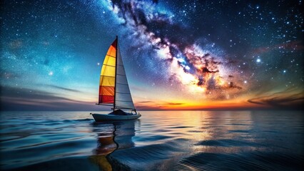 Naklejka premium Low Light Hobie Cat Sailing, Nighttime Watersport Adventure