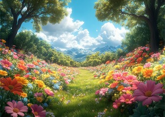 Colorful Flower Meadow Mountain Valley Landscape

