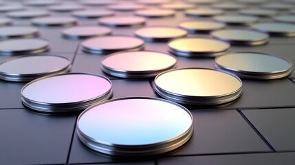 Close-up view of many circular, iridescent optical components.
