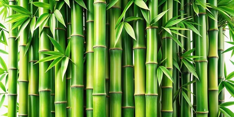 Fototapeta premium Lush Green Bamboo Stalks with Vibrant Leaves on White Background - Stock Photo