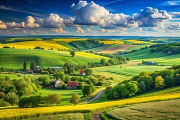 Obraz premium Lush Green Ukrainian Countryside Summer Landscape - Idyllic Pastoral Scene with Blue Sky