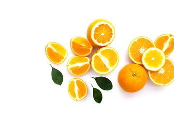 Fresh orange fruit with green leaves, high vitamin c
