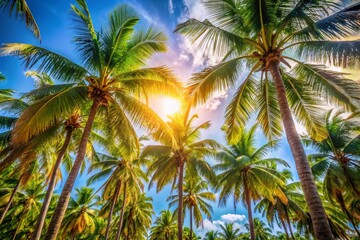 Lush Tropical Palm Trees, Candid Photography, Sunny Day, Vibrant Greenery, Vacation Paradise