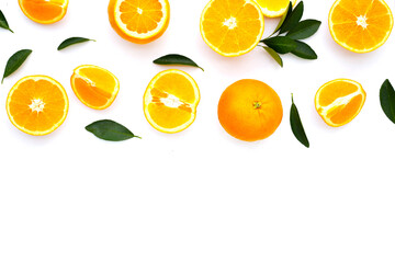 Fresh orange fruit with green leaves, high vitamin c
