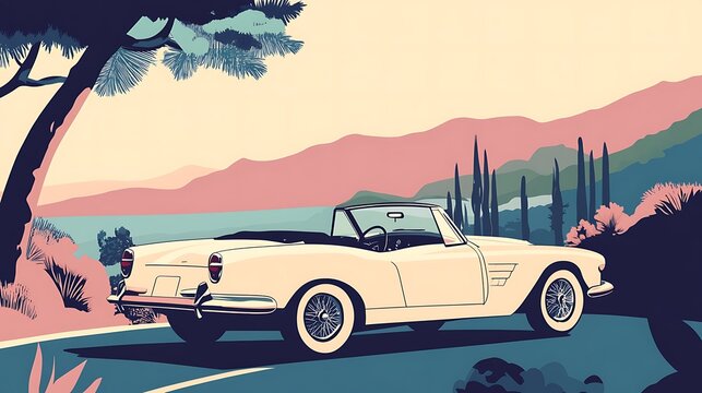 Fototapeta Classic car coastal drive with sunset.