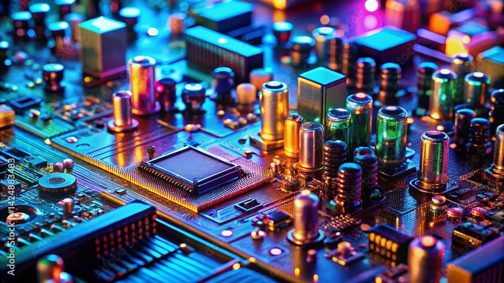 Poster macro close-up of vintage 90s computer components, circuit board details