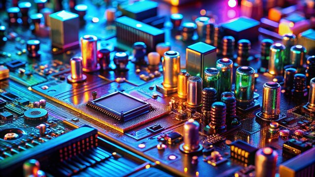 Macro Close-up of Vintage 90s Computer Components, Circuit Board Details