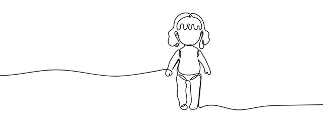 Continuous line, girl doll, children's toys Simple lines, transparent background, editable strokes.