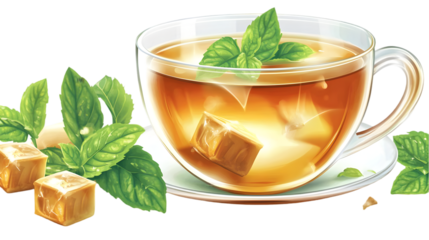 Illustration of a Transparent Teacup with Herbal Tea and Mint Leaves Caramel Cubes