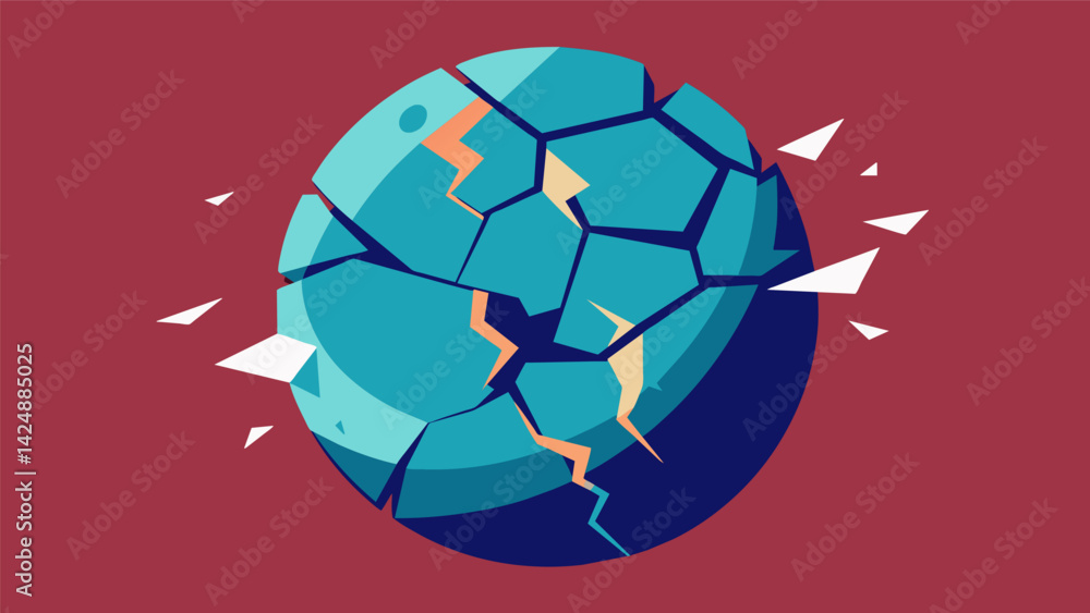 Poster an abstract illustration of a globe with cracks and fractures spreading across its surface to repres