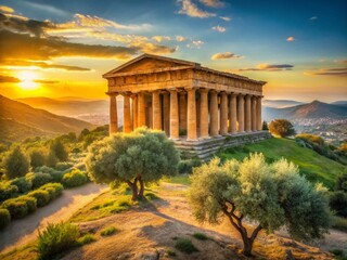 Obraz premium Majestic Athena Temple Landscape: Greek Ruins at Sunset