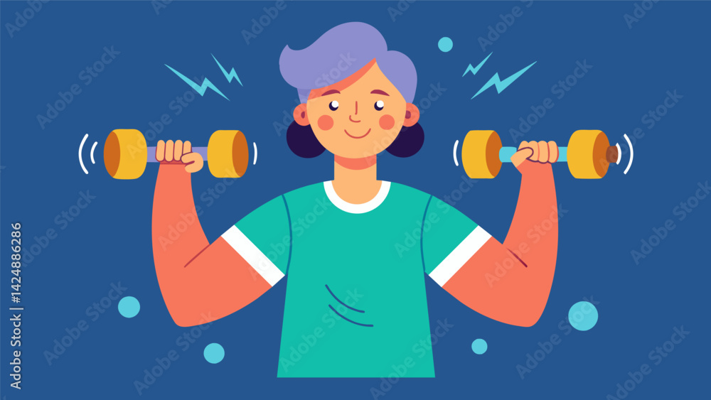 Poster a person with a hearing impairment using vibrating dumbbells for cues during a workout.. vector illu