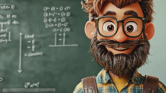 Intellectual Visionary: A studious individual, adorned with spectacles and a distinguished beard, stands before a blackboard covered in complex formulas.