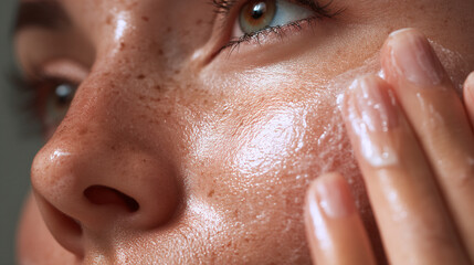 Fototapeta premium Closeup of woman applying skincare serum for hydration and glowing skin with freckles and natural beauty