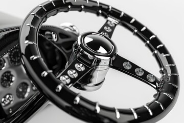 Close-up of a high-end black car steering wheel.