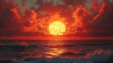 Fiery sunset over turbulent ocean