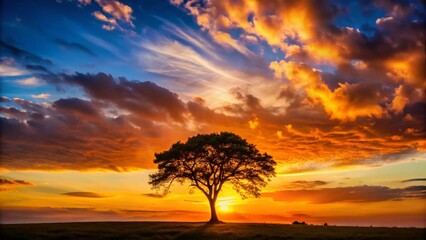 Fototapeta premium Majestic Silhouette of a Lone Tree at Sunset, Dramatic Sky