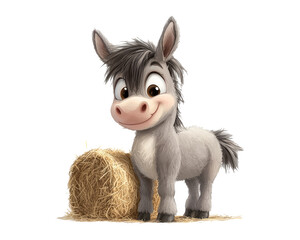 Cute Cartoon Donkey Character with Hay Bale on Transparent Background