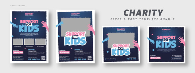 Kids charity flyer and social media post web banner set | Donation & fundraising event poster bundle | Nonprofit campaign promotion web banner template | Humanitarian aid community