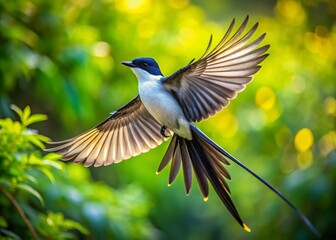 Fototapeta premium Majestic Swallow-Tailed Flycatcher in Flight - Drone Aerial Photography