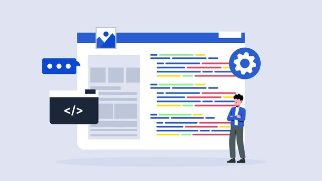 App developer animation webpage with code. Suitable for tech blogs, software companies, and web development presentations.