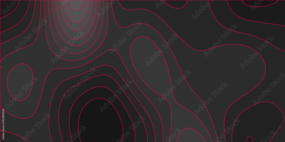Poster abstract red and black background with topographic line map pattern. abstract wavy and curved lines 