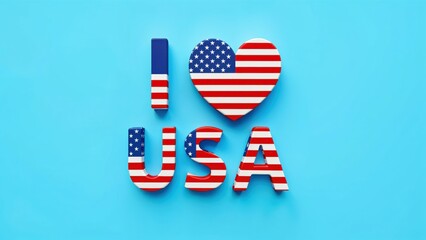 A colorful arrangement of letters displaying affection for the USA, designed with stars and stripes against a vivid blue backdrop, radiating a sense of national pride and joy.