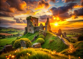 McDermott's Castle at Dusk, Bokeh Lights, Romantic Irish Landscape