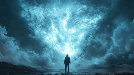 A lone figure confronts a celestial storm