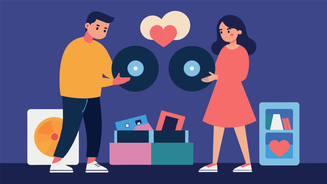 A newly engaged couple starts a tradition of picking out a record together on each date night building a special collection that represents their time Vector illustration